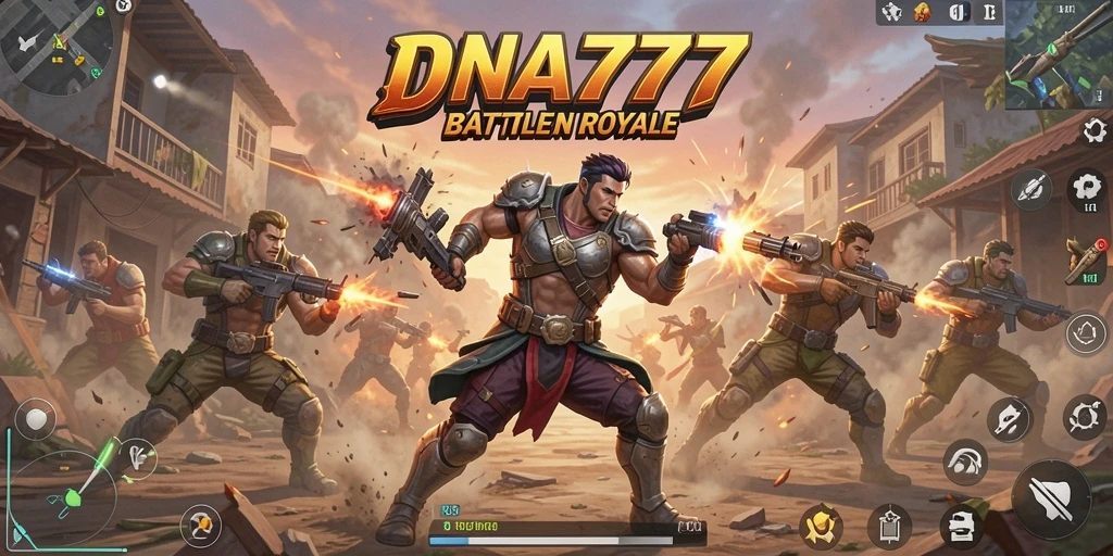 Screenshot utama DNA777 menampilkan aksi Battle Royale yang mendebarkan.