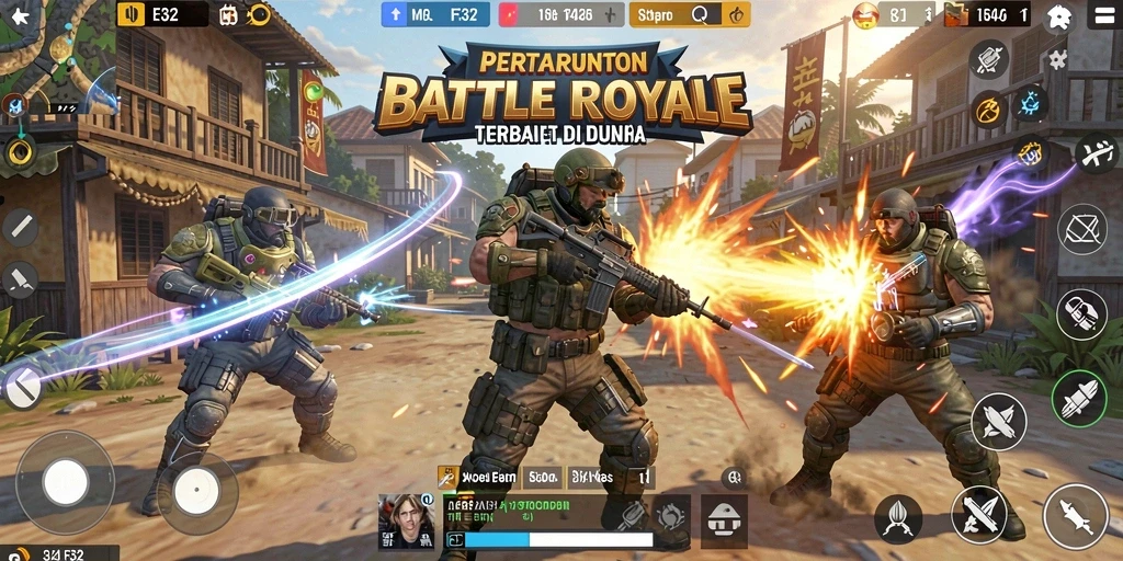 Tangkapan layar gameplay F32 yang menampilkan aksi Battle Royale intens.