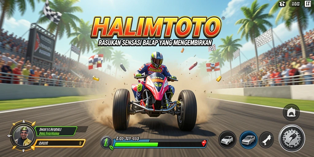 Screenshot utama HALIMTOTO menampilkan aksi balap yang mendebarkan.