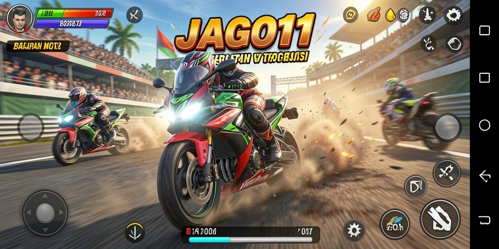 Screenshot gameplay JAGO11 menampilkan balapan motor yang mendebarkan dan penuh aksi.