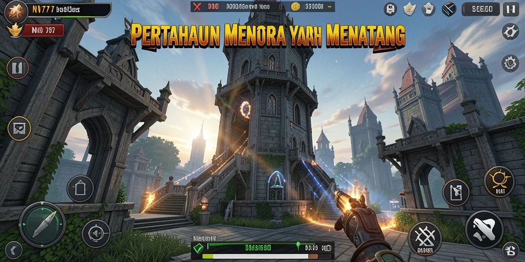 Tampilan aksi seru dalam gameplay Tower Defense NV77.