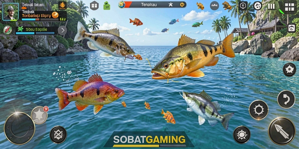 Tampilan gameplay seru dalam SOBATGAMING dengan berbagai ikan menunggu untuk ditembak.