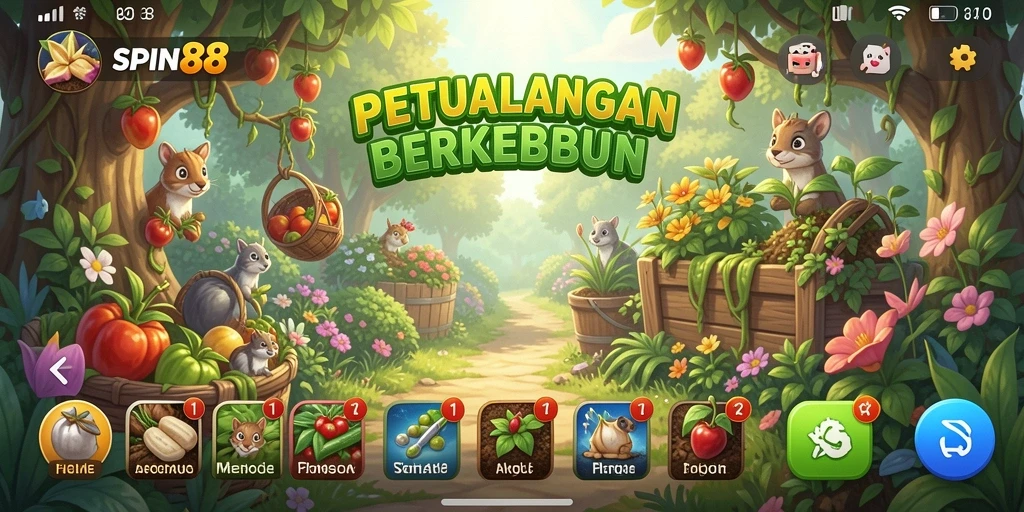 Tampilan gameplay SPIN88 yang menampilkan kebun subur dan berbagai tanaman.